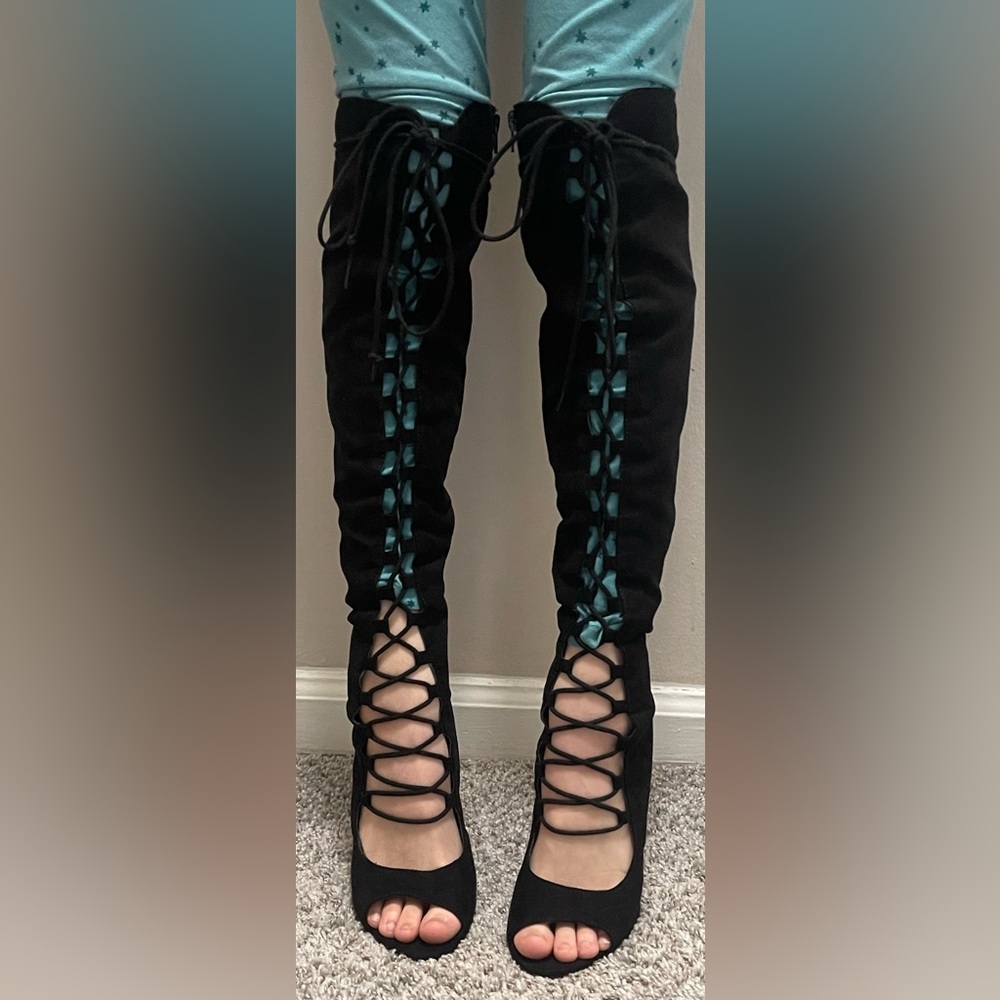 Charlotte Russe Black and Teal Lace-Up Boots
